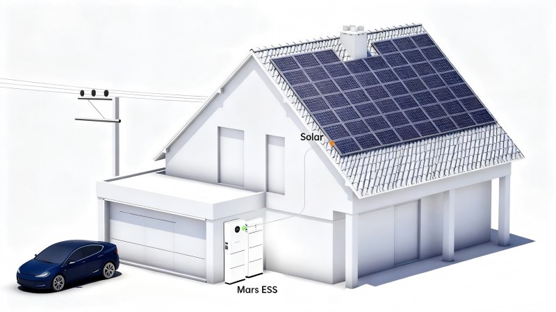 Asuinrakennuksen energiavaraston yhdistäminen kattoon tarkoitettujen aurinkopaneelien kanssa kodin energiajärjestelmiin