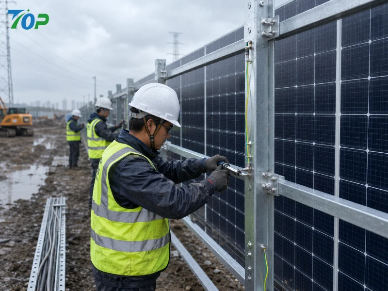 EPC workers installing modular solar fence mounting rails with grounding cable integration at industrial PV project